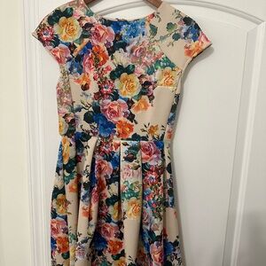 Cream Floral Fit & Flare Dress with Multicolor Roses